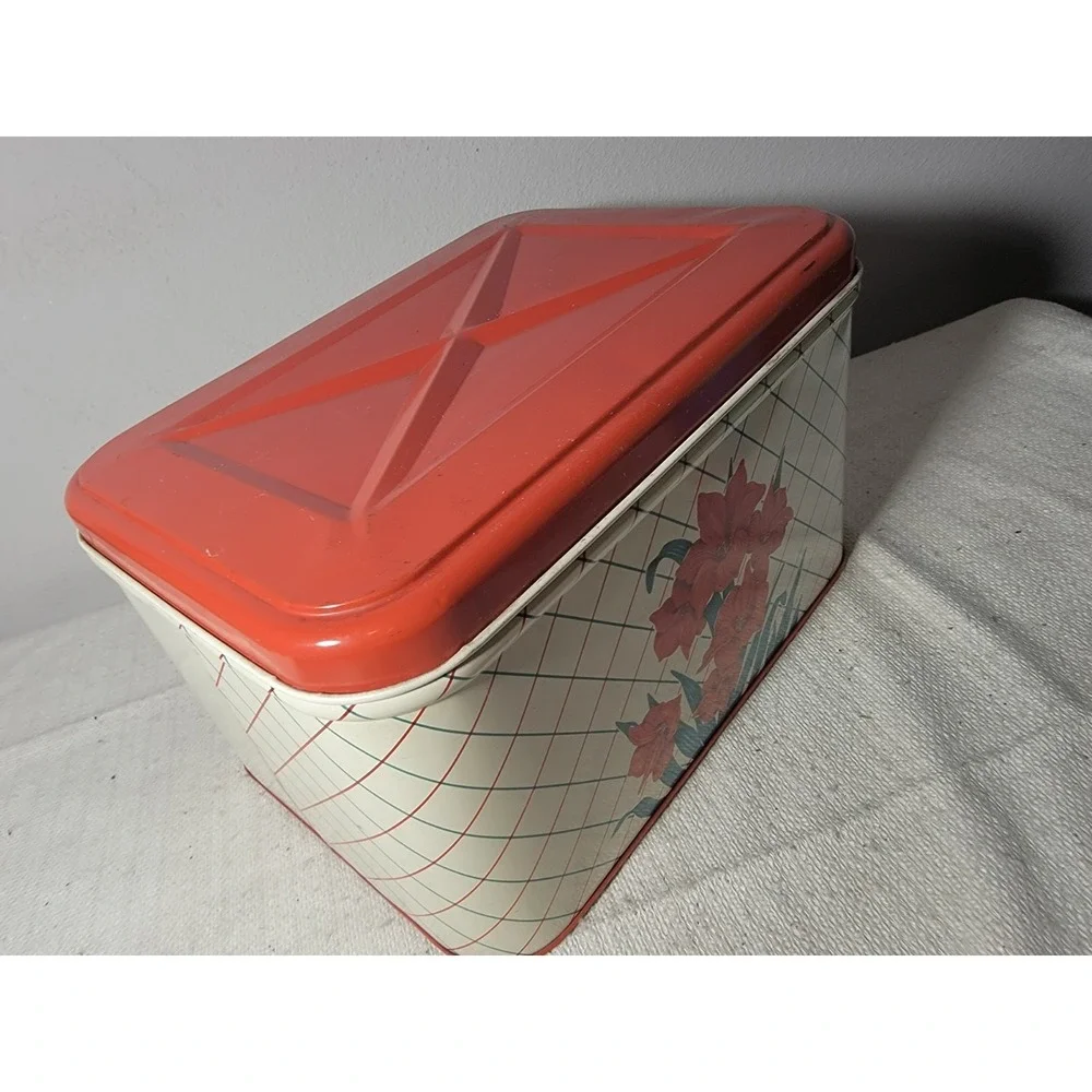 Vintage Tin Metal Breadbox Cream Red Floral Lattice Print Kitchen Storage Box